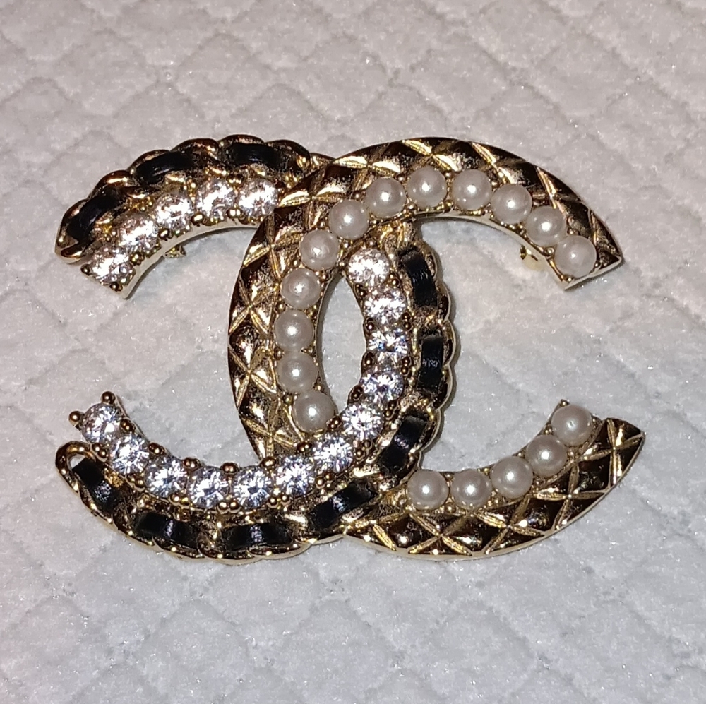 Chanel CC Rare Pearl Leather Rhinestone Brooch Pin